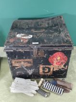 An antique military Tin Trunk named Greenfield A/F, another Tin Trunk, a wooden Chest, Military