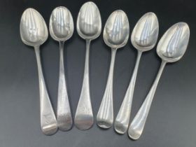 Six Georgian silver bottom marked Table Spoons, three old English and three Hanoverian, London 1743,