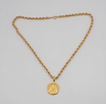 An 18ct gold Madonna Pendant on 18ct gold rope twist chain 41cms long, approx 15.20gms