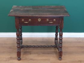 A late 17th Century oak Side Table with three plank top above single frieze drawer with later