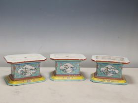 A set of three 19th Century Chinese Vase Stands, rectangular with chamfered corners and decorated