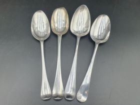 Four Georgian silver bottom marked Table Spoons Hanoverian pattern engraved initials, London 1740,