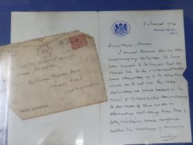 A framed Letter on Foreign Office Paper and Envelope stamped 'Prime Minister' addressed to Miss