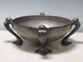 An English Pewter Bowl raised on four bowed and trefoil supports, stamped - English Pewter, made