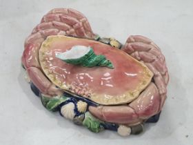 A Majolica style lidded Dish in the form of a Crab, 7"Long.