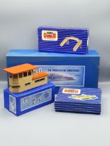 Hornby Dublo D1 Through Station with Footbridge, Signal Box and Level Crossing, all mint, boxes