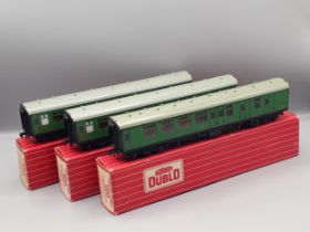 Two Hornby Dublo 4054 SR Corridor Coaches and one 4055 Brake/2nd SR Coach, all mint showing no signs