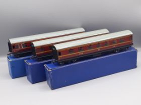 A rake of three Hornby Dublo D3 LMS Coaches with grey roofs, all in near mint-mint condition,