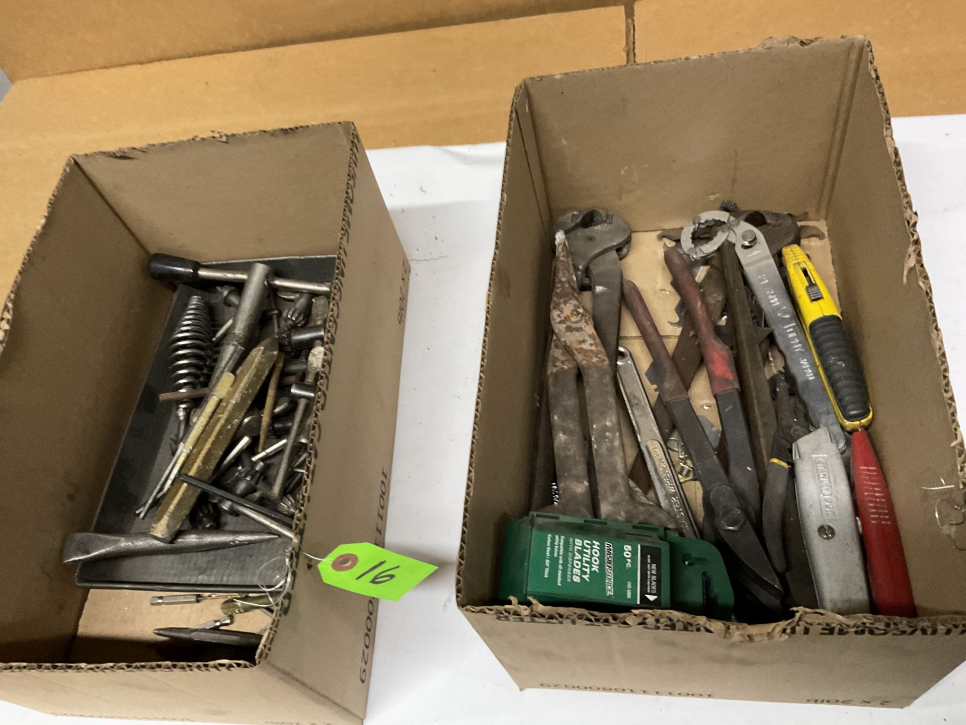 Assortment of 20+ chuck keys , punches , nail sets, large cutters and utility knives with blades
