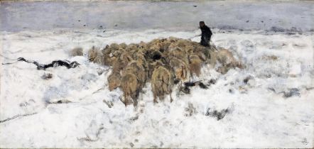 Anton Mauve "Flock of Sheep with Shepherd in the Snow" Print