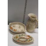 Three pieces of vintage Crown Ducal Charlotte Rhead inspired ceramics including a trial piece jug