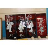 Four quality Japanese lacquered wall plaques with MOP decoration. Panels are 49cm x 20cm