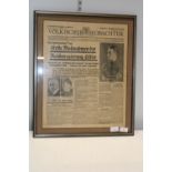 A framed original front page Volkischer Beobachter dated 31st January 1933. - shipping