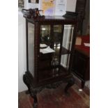 A antique mahogany two piece display cabinet with finely carved detail and bevelled edge glass (some