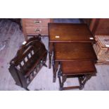 A nest of three mahogany tables and vintage magazine rack. Shipping unavailable.