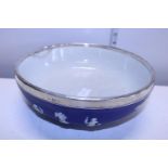 A antique Wedgewood Jasper bowl with silver collar (damage to rim)