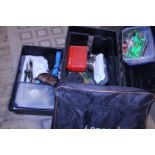 A fishing tackle box and contents plus keep net, postage unavailable