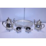 A silver plated tea service on galleried tray