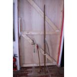 A long bow with a set of three arrows and replica fencing foil, shipping unavailable