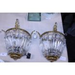 A pair of vintage glass & brass chandelier style electric wall lights