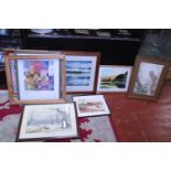 A selection of assorted framed artwork, shipping unavailable