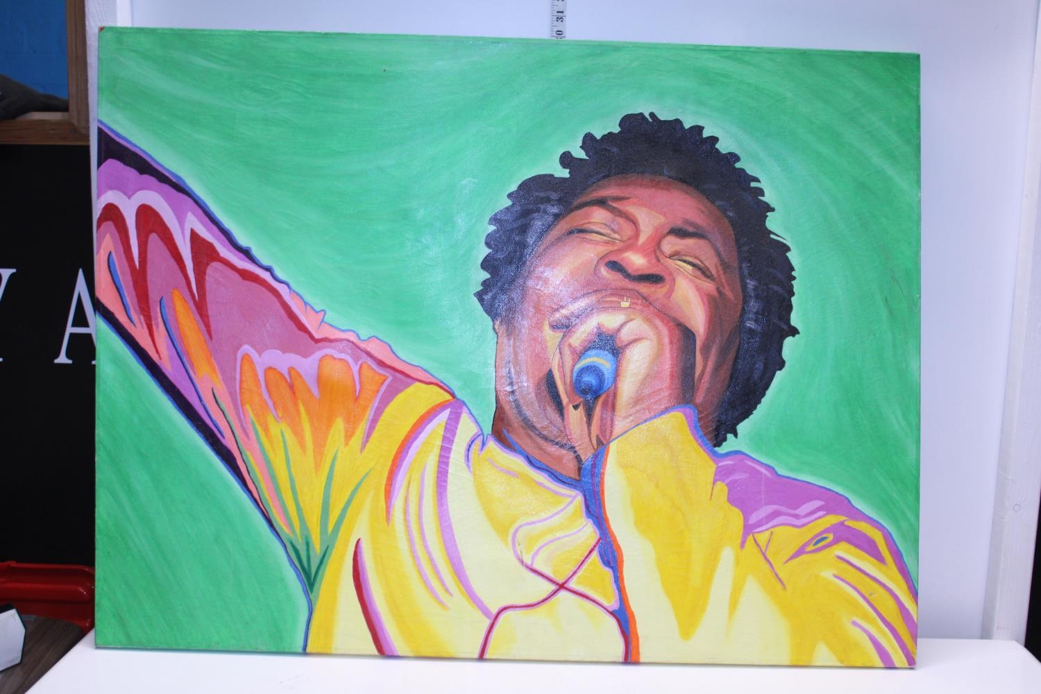 A hand painted oil on canvas depicting James Brown, shipping unavailable