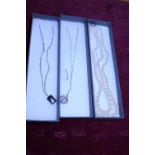 Two 925 silver necklaces and pendants and a string of stimulated pearls with silver clasp