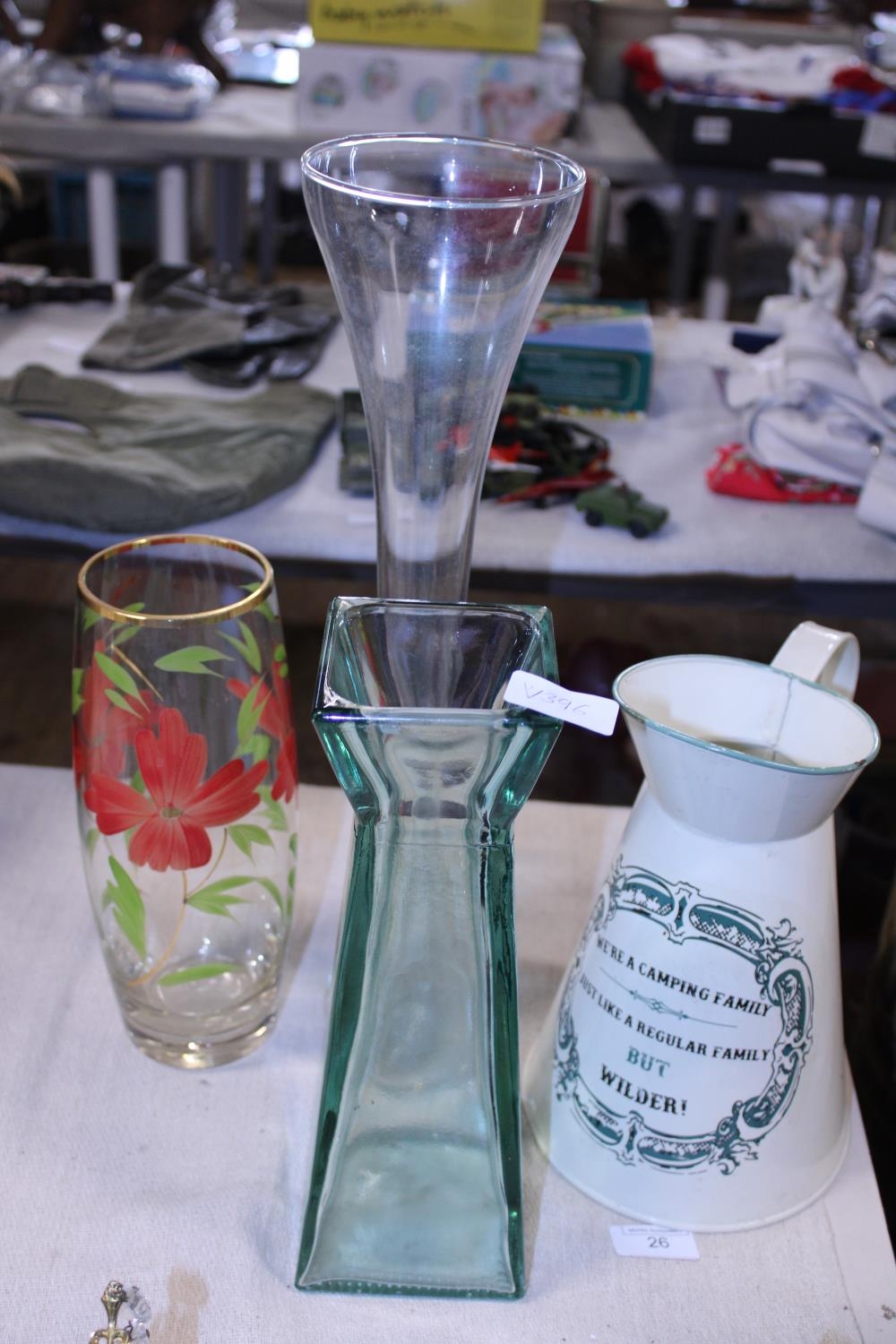 A selection of glass vases & vintage style metal jug, shipping unavailable