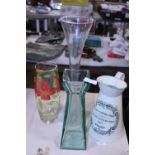 A selection of glass vases & vintage style metal jug, shipping unavailable