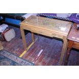 A hand carved stylish fruit wood hall table with glass insert and drawer, 35" x 17" x 30". Postage