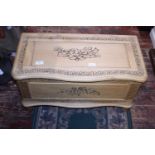 A hand carved fruit wood storage box, 27" x 13" x 14. Postage unavailable