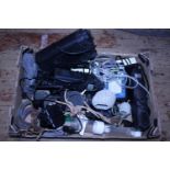 A box of fish tank accessories including pumps, breeding tubes etc