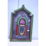 A wooden Wurlitzer sign, 74cm x 43cm. Shipping unavailable