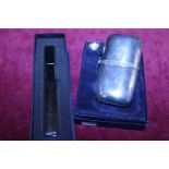 A boxed silver plated letter opener and boxed hipflask (monogrammed)