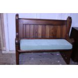 A antique pitch pine church pew, 118cm x 52cm x 112cm. Postage unavailable