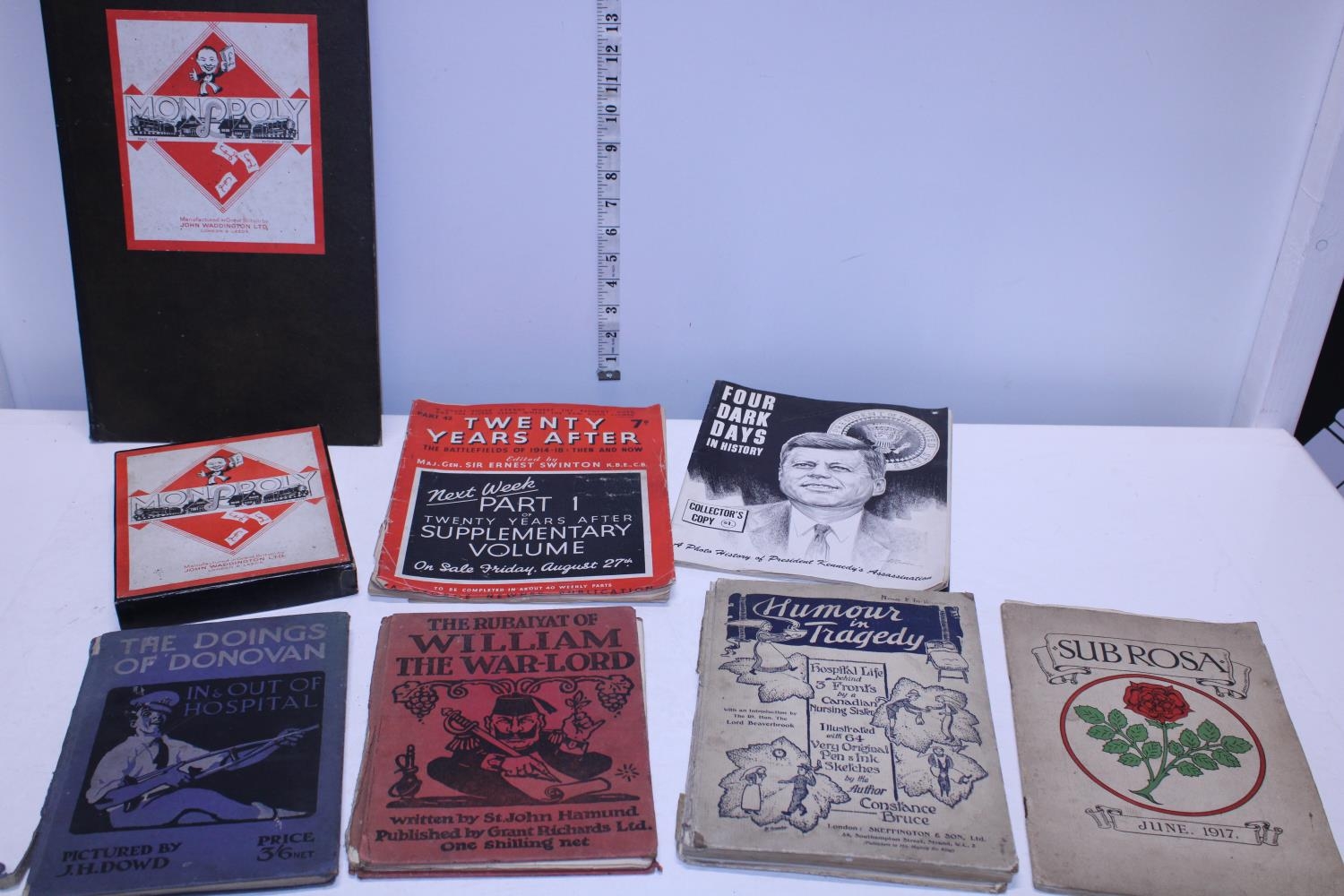 Three rare World War 1 humour books, a vintage monopoly set and other