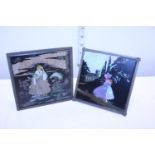 Two antique pictures composed of real butterfly wings and hand painted. 12cm x 12cm