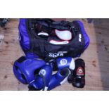 A bag of kickboxing protective clothing