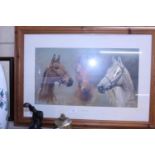 A large pine framed print (Horseracing related). Postage unavailable