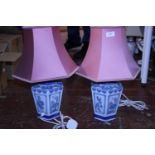 A pair of ceramic table lamps and shades, shipping unavailable