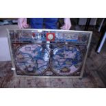 A framed mirror depicting 1651 map of the world, shipping unavailable