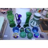 A job lot of vintage glassware, a Wedgewood Jasperware jug and collectable paperweights, shipping