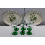 Two collectable Poole pottery plates and six French etched glasses