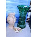 Three collectable items including a cut glass green vase