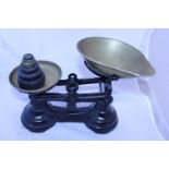 A set of vintage kitchen scales and weights, shipping unavailable