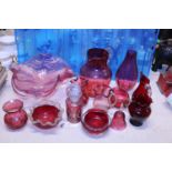 A job of vintage cranberry coloured glass