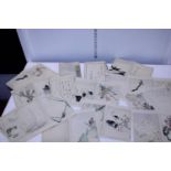 A selection of Chinese hand painted watercolours and calligraphy all signed and stamped