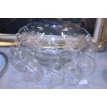A vintage glass punch bowl and eight glasses, shipping unavailable