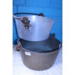 A heavy brass jam pan and a galvanised jam pan, shipping unavailable