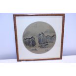 A circular Chinese painting on gold paper signed and stamped in a maple frame